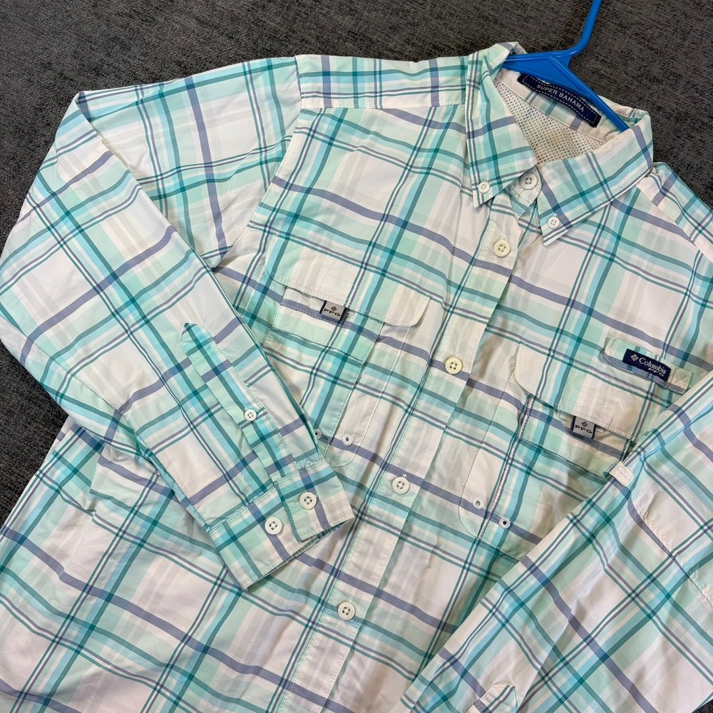Columbia PFG Super Bahama Fishing Shirt Womens Medium Teal Plaid Long Sleeve